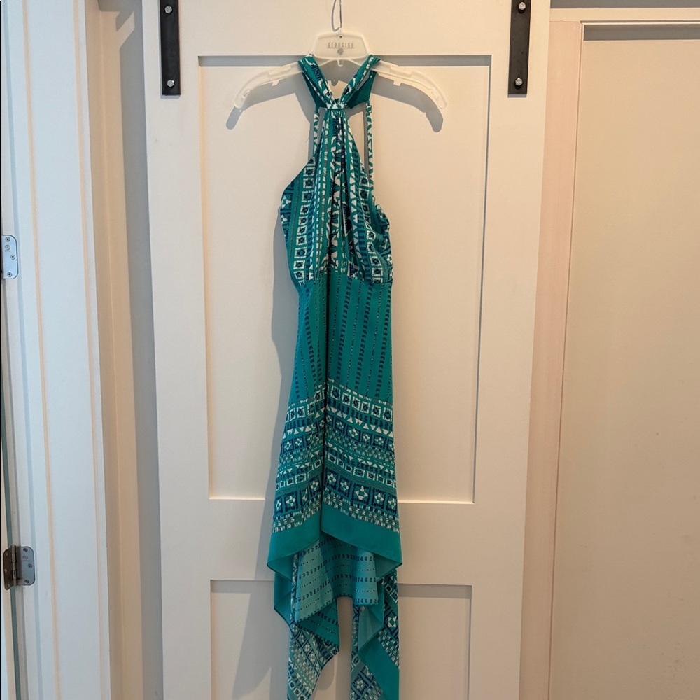 BCBGeneration Teal Printed Halter Handkerchief Dress